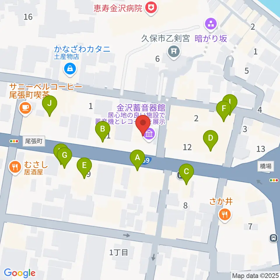 金沢蓄音器館周辺のファミレス・ファーストフード一覧地図