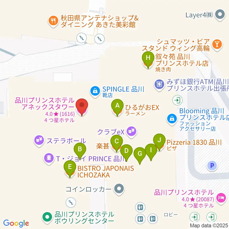 プリンスホール周辺のファミレス・ファーストフード一覧地図
