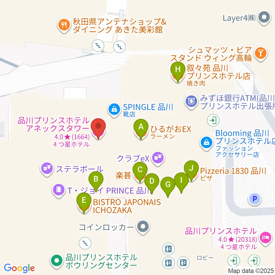 プリンスホール周辺のファミレス・ファーストフード一覧地図