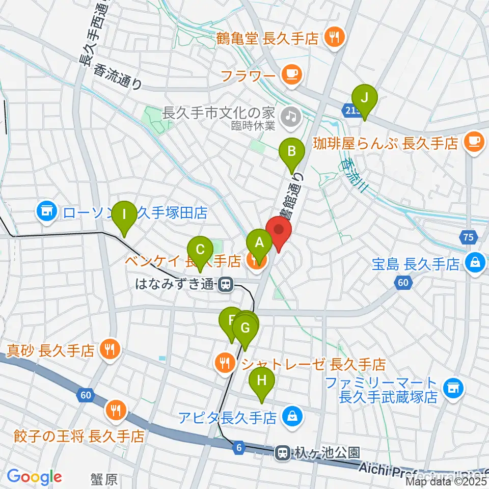 シンフォニア楽器 長久手店周辺のファミレス・ファーストフード一覧地図
