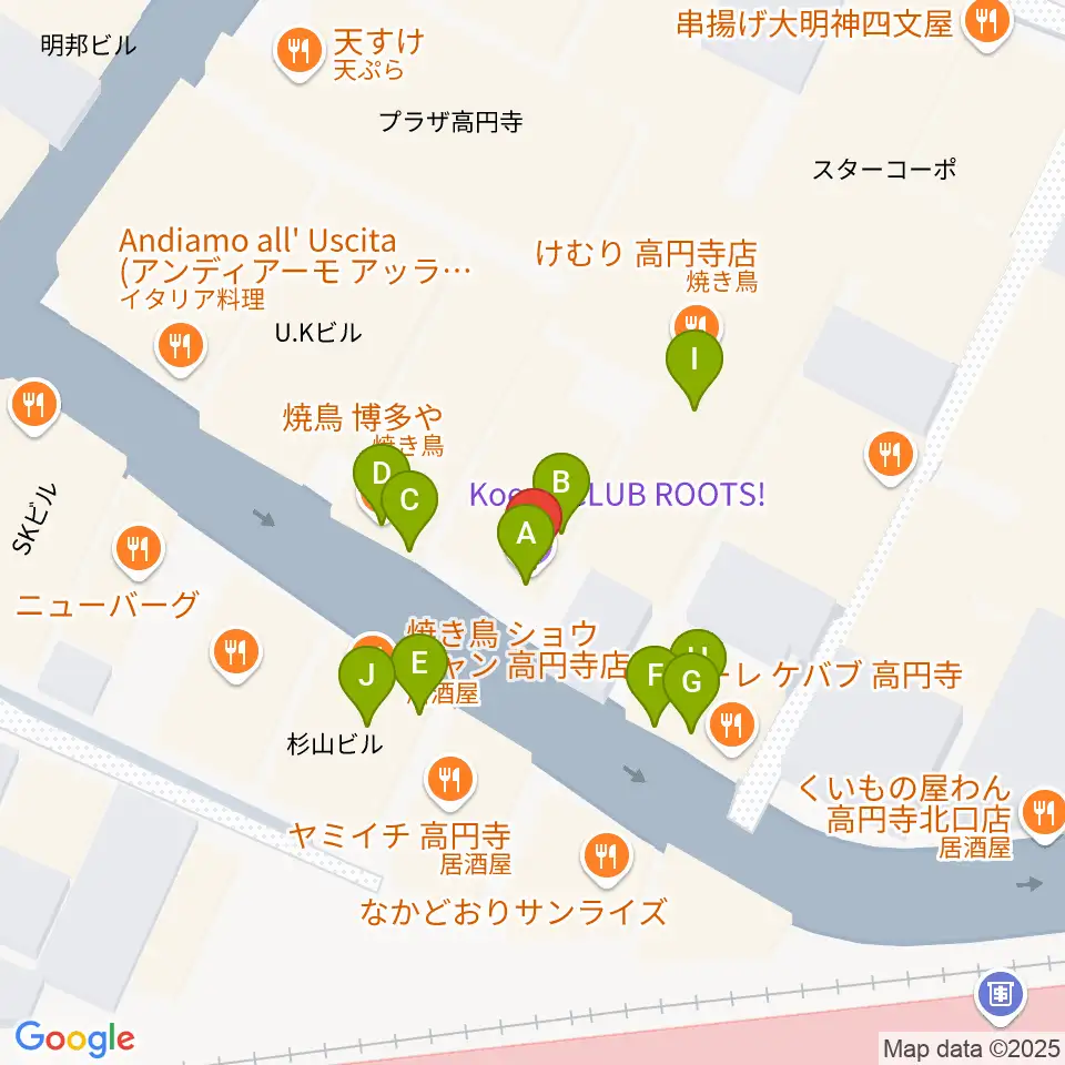 高円寺Club ROOTS！周辺のファミレス・ファーストフード一覧地図