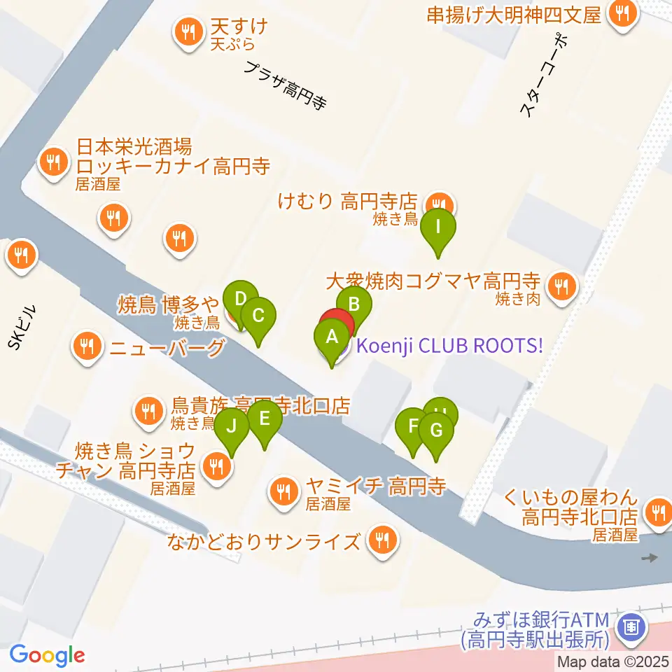 高円寺Club ROOTS！周辺のファミレス・ファーストフード一覧地図