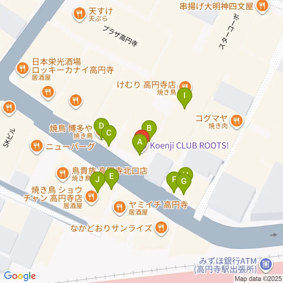 高円寺Club ROOTS！周辺のファミレス・ファーストフード一覧地図