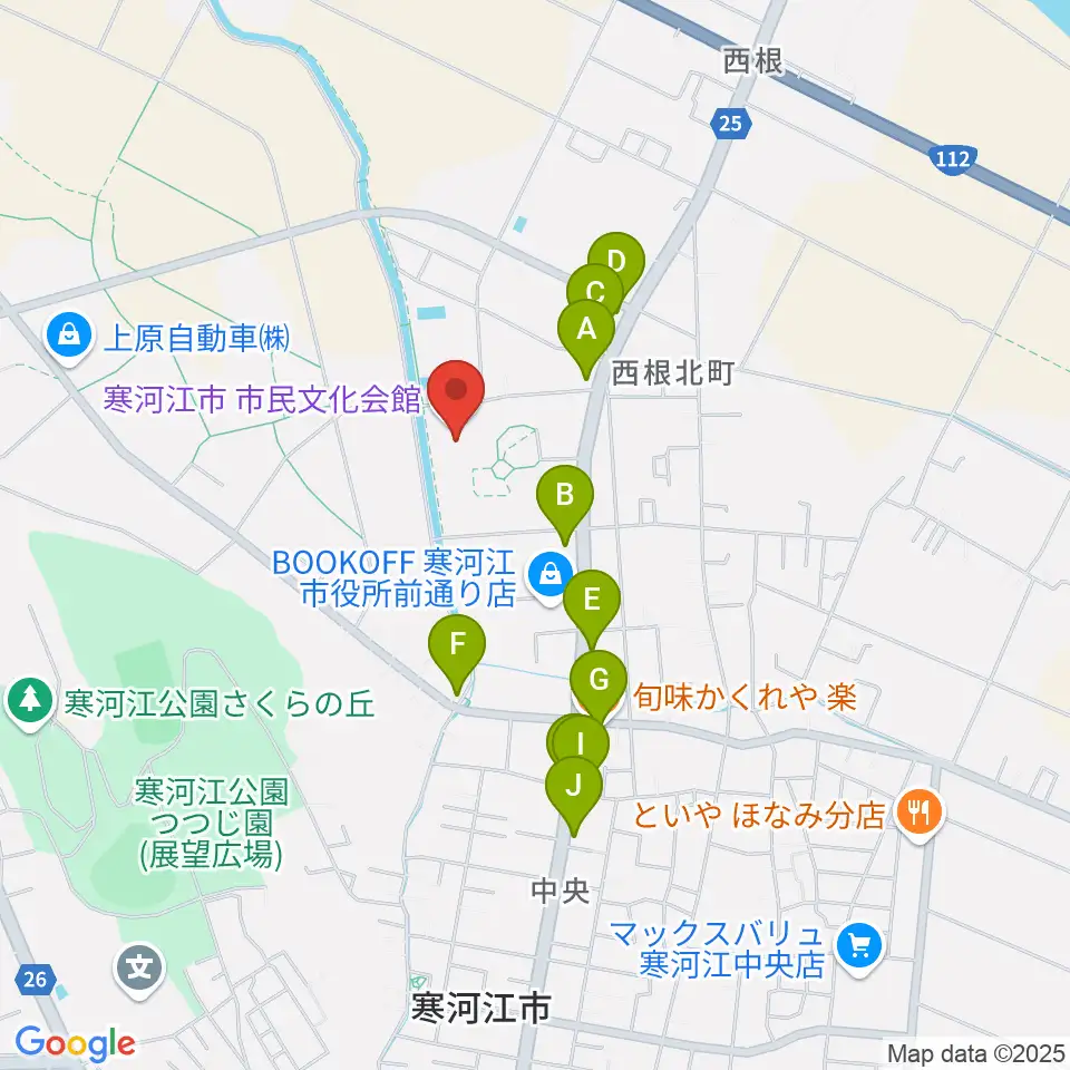 寒河江市市民文化会館周辺のファミレス・ファーストフード一覧地図