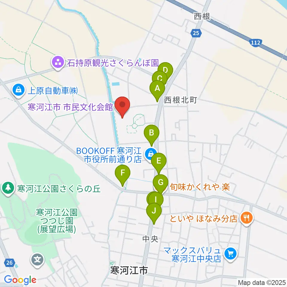 寒河江市市民文化会館周辺のファミレス・ファーストフード一覧地図