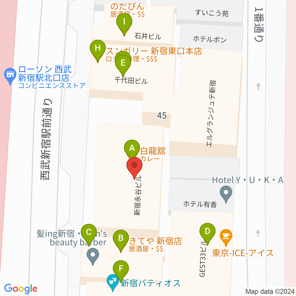 新宿Fu- 新宿永谷ホール周辺のファミレス・ファーストフード一覧地図