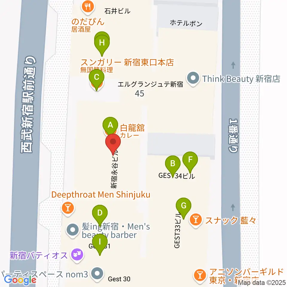 新宿Fu- 新宿永谷ホール周辺のファミレス・ファーストフード一覧地図