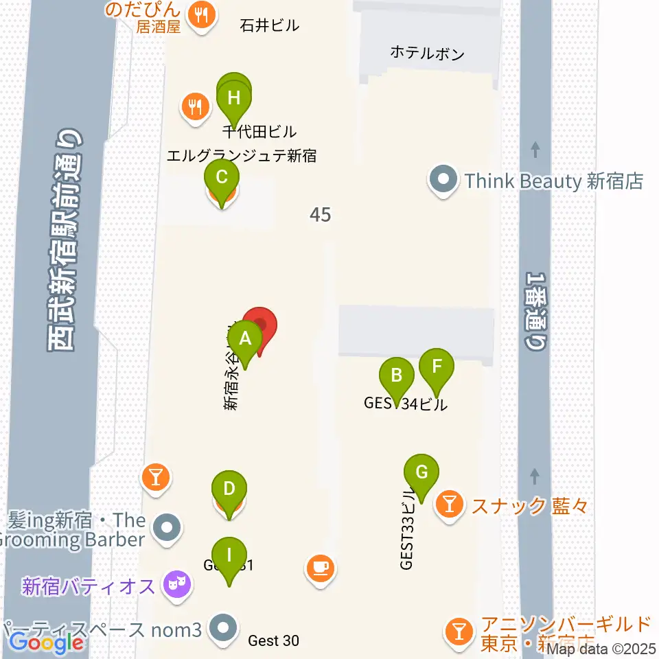 新宿Fu- 新宿永谷ホール周辺のファミレス・ファーストフード一覧地図