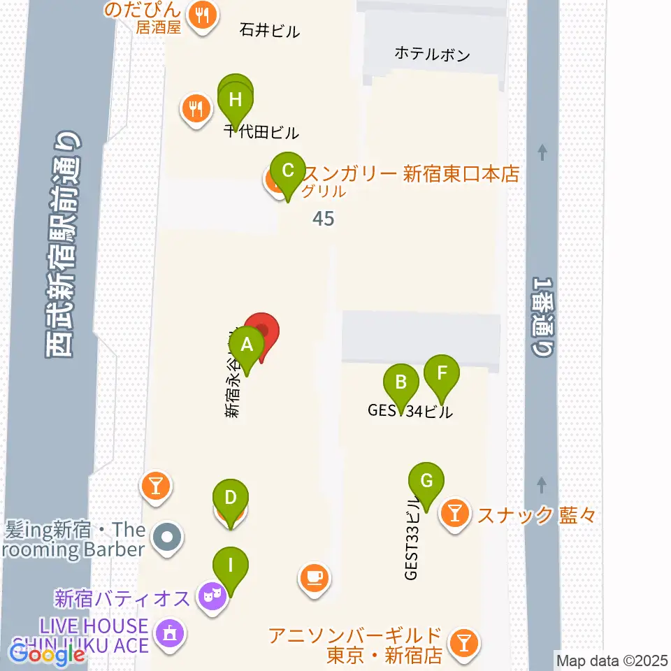 新宿Fu- 新宿永谷ホール周辺のファミレス・ファーストフード一覧地図