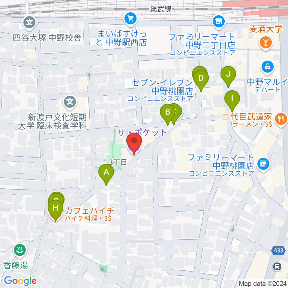 中野ザ・ポケット周辺のファミレス・ファーストフード一覧地図