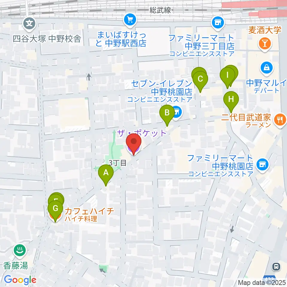 中野ザ・ポケット周辺のファミレス・ファーストフード一覧地図
