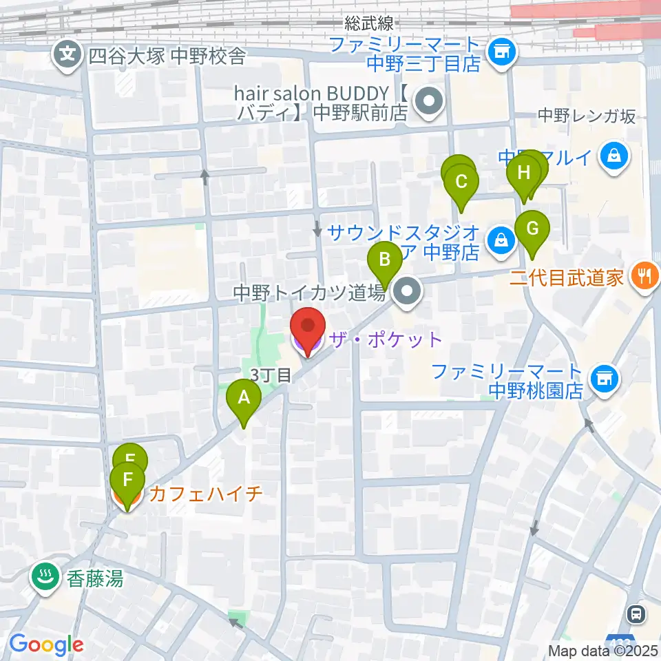 中野ザ・ポケット周辺のファミレス・ファーストフード一覧地図