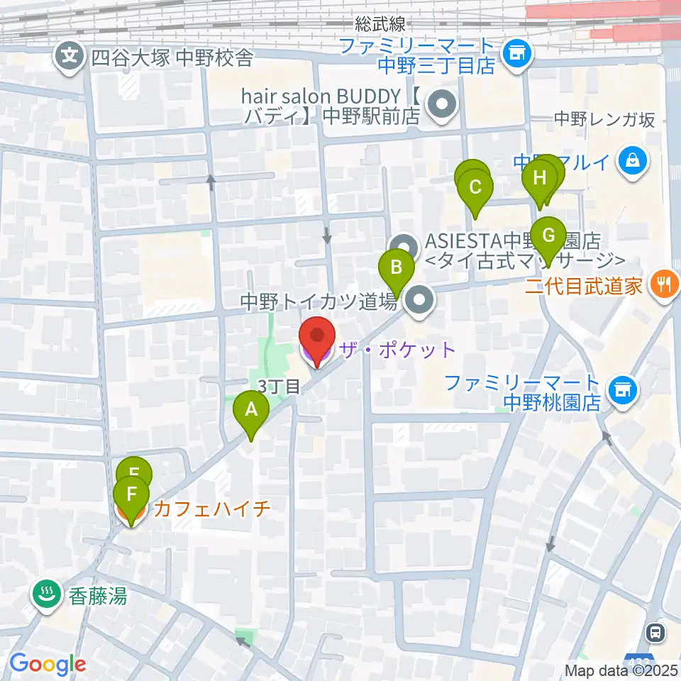 中野ザ・ポケット周辺のファミレス・ファーストフード一覧地図