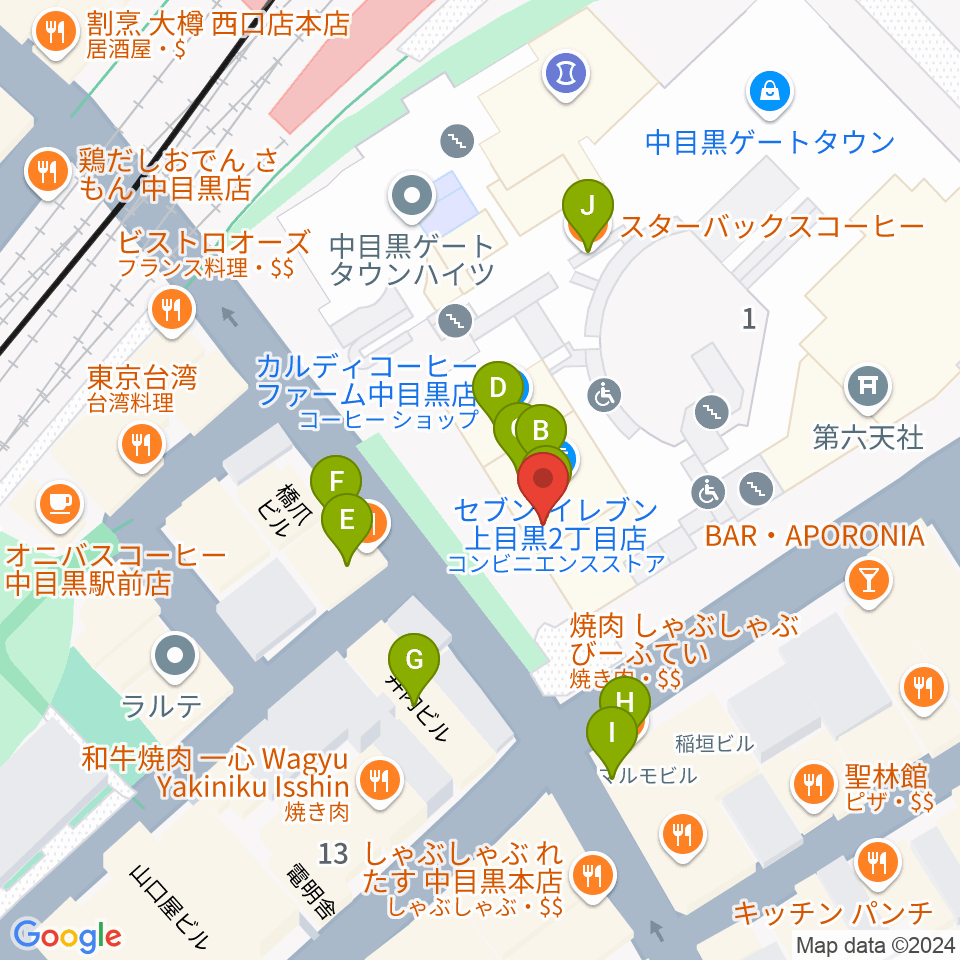 中目黒GTプラザホール周辺のファミレス・ファーストフード一覧地図