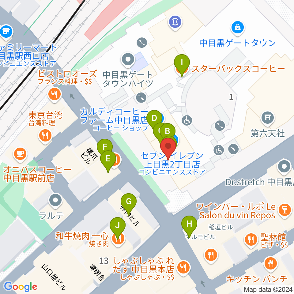 中目黒GTプラザホール周辺のファミレス・ファーストフード一覧地図