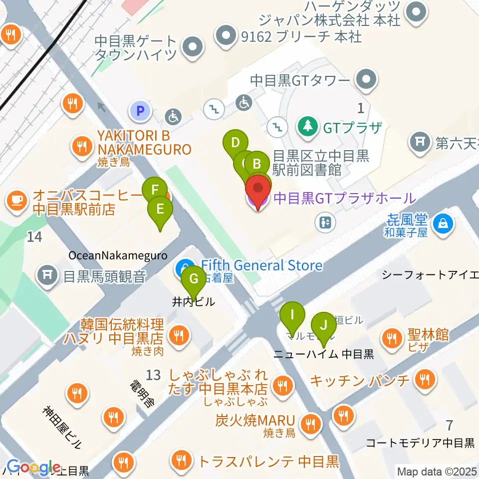 中目黒GTプラザホール周辺のファミレス・ファーストフード一覧地図