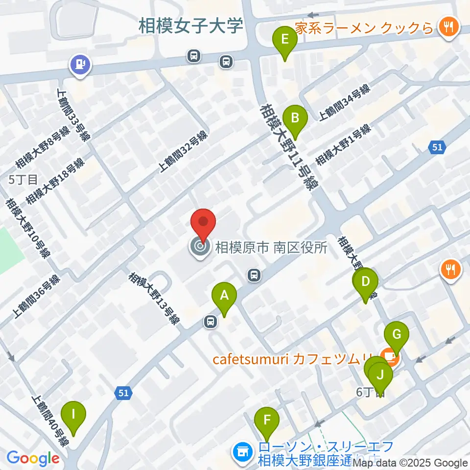 相模原南市民ホール周辺のファミレス・ファーストフード一覧地図