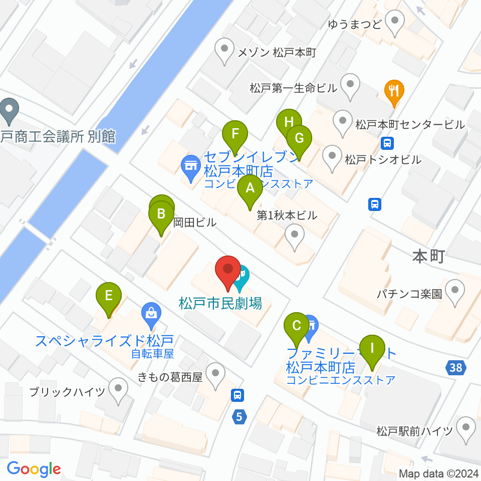 松戸市民劇場周辺のファミレス・ファーストフード一覧地図