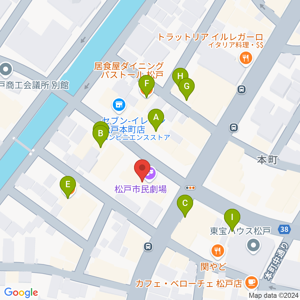 松戸市民劇場周辺のファミレス・ファーストフード一覧地図