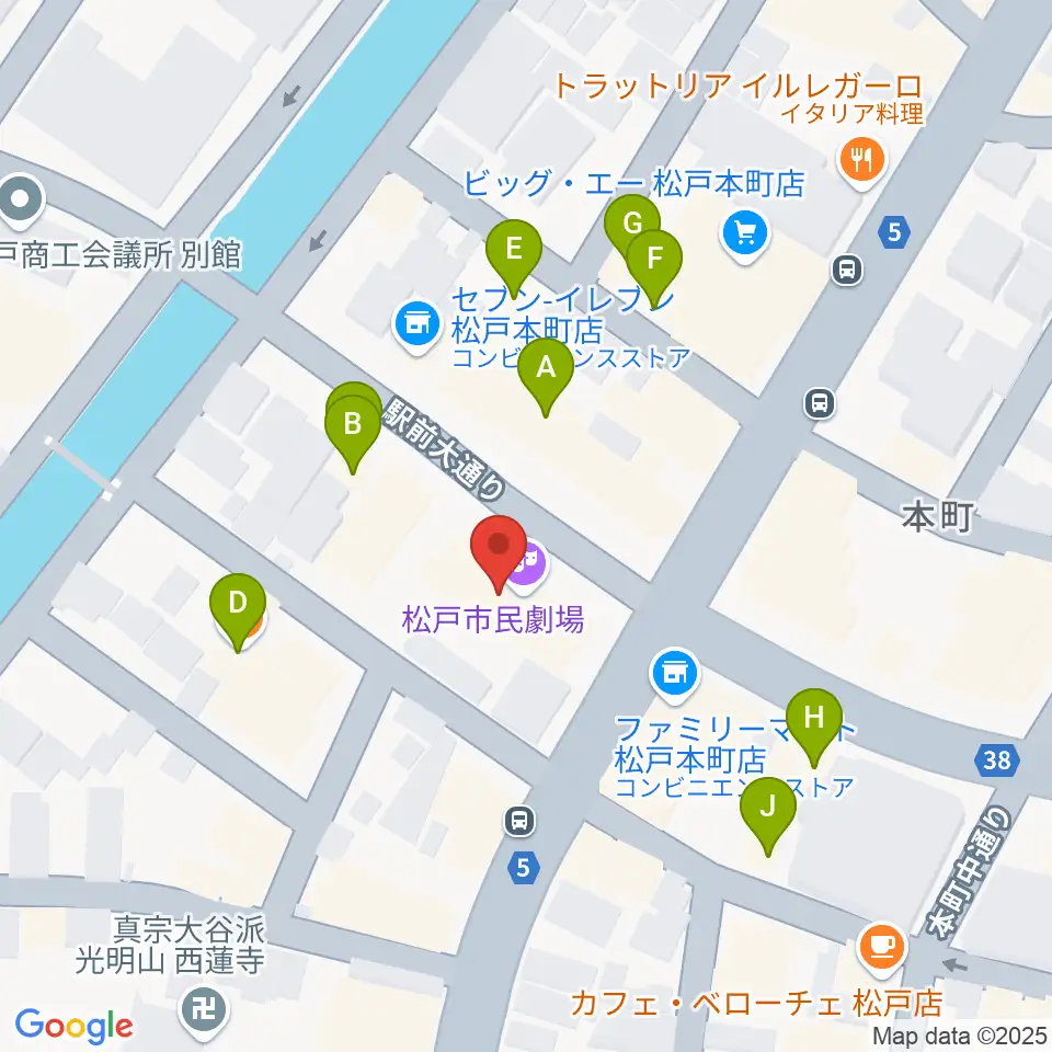 松戸市民劇場周辺のファミレス・ファーストフード一覧地図