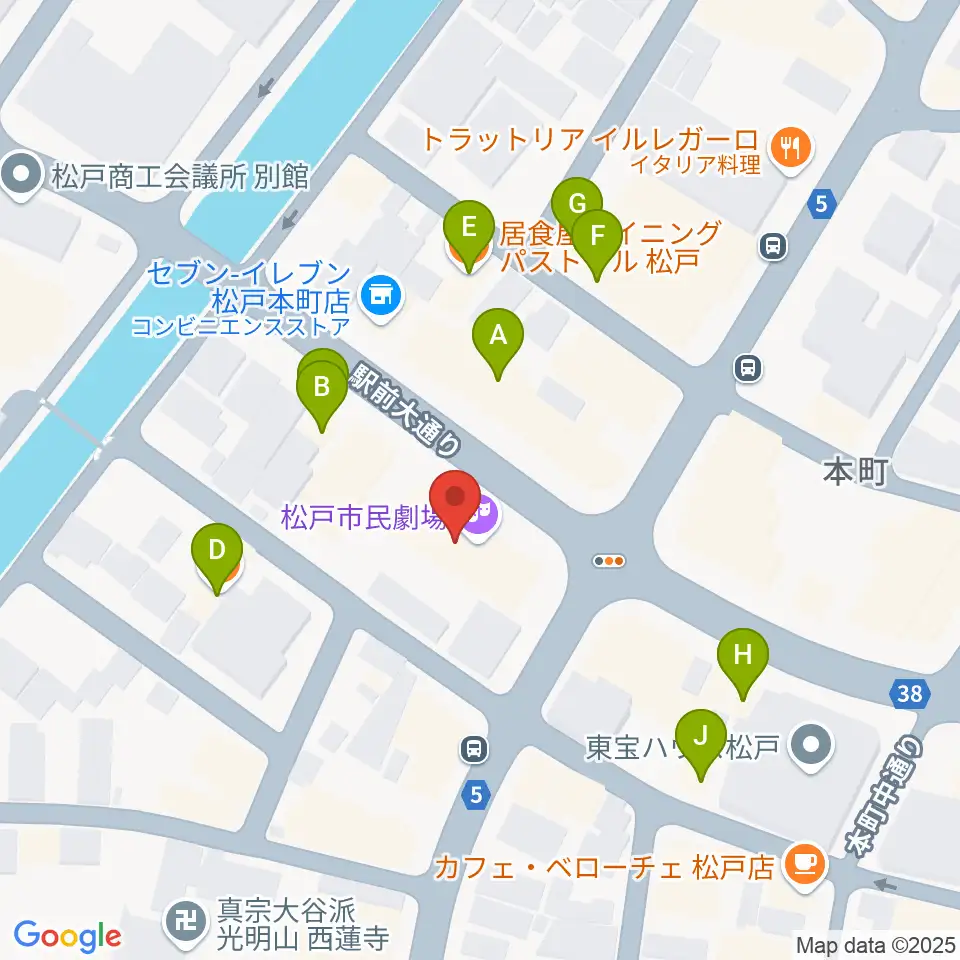 松戸市民劇場周辺のファミレス・ファーストフード一覧地図