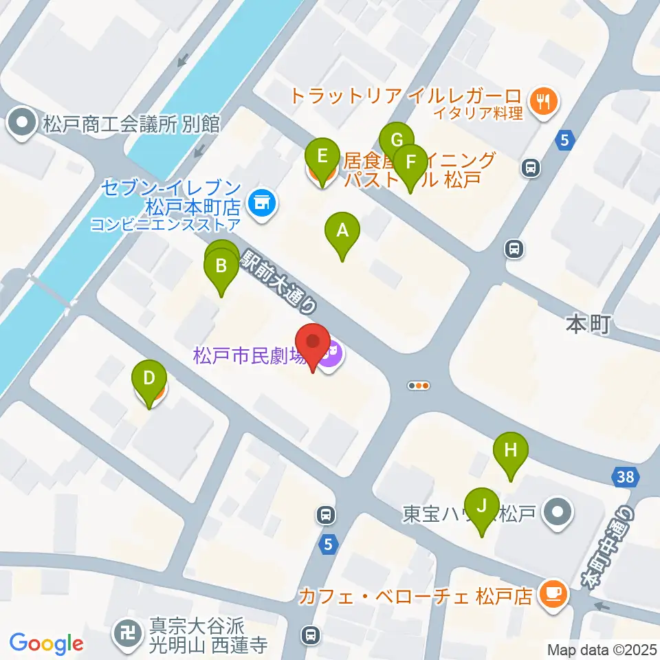 松戸市民劇場周辺のファミレス・ファーストフード一覧地図