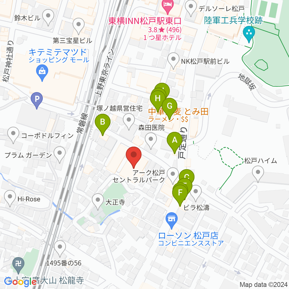 松戸市民会館周辺のファミレス・ファーストフード一覧地図