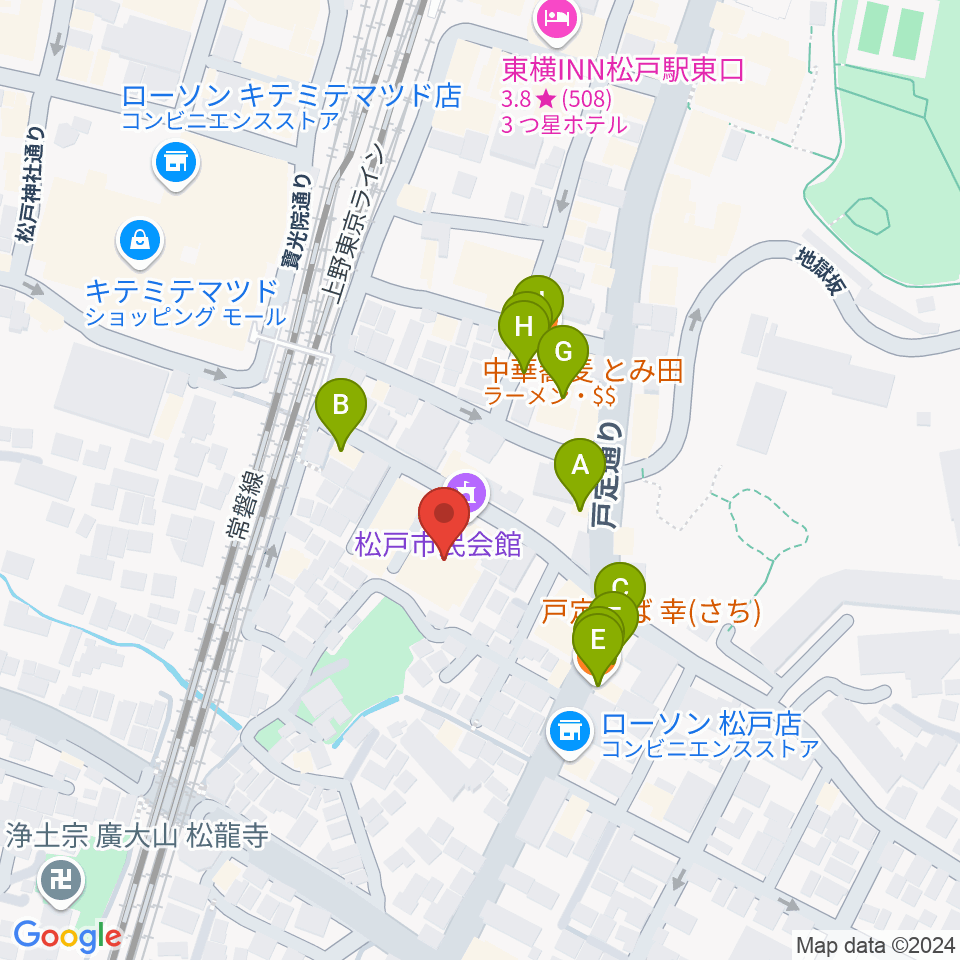 松戸市民会館周辺のファミレス・ファーストフード一覧地図