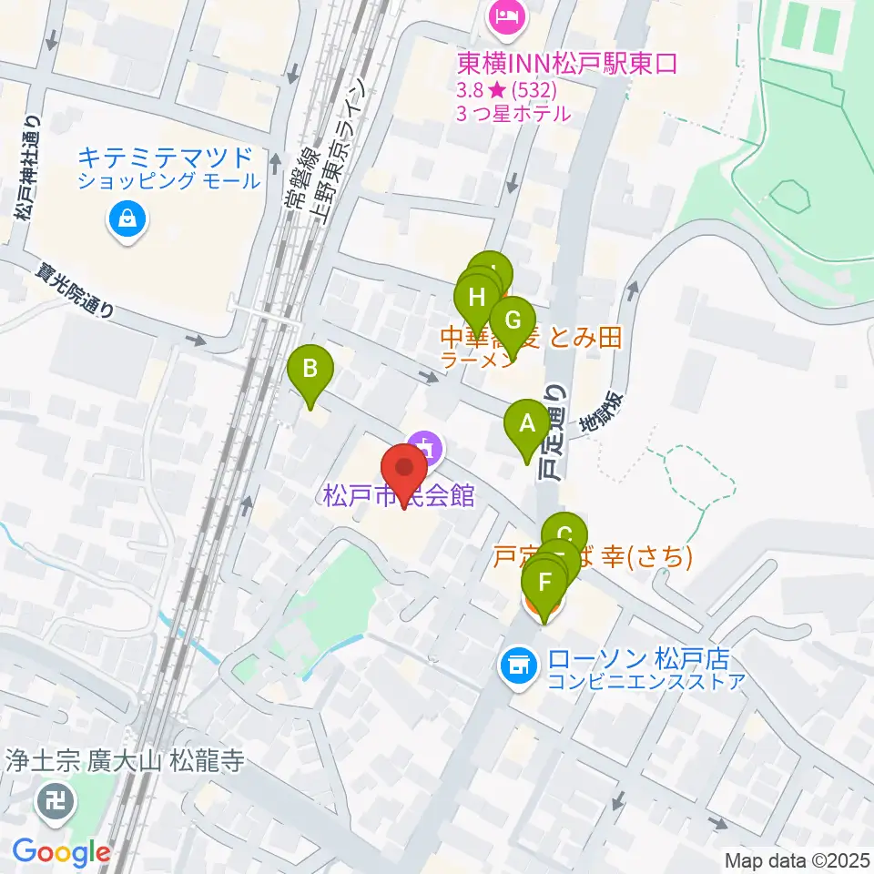 松戸市民会館周辺のファミレス・ファーストフード一覧地図