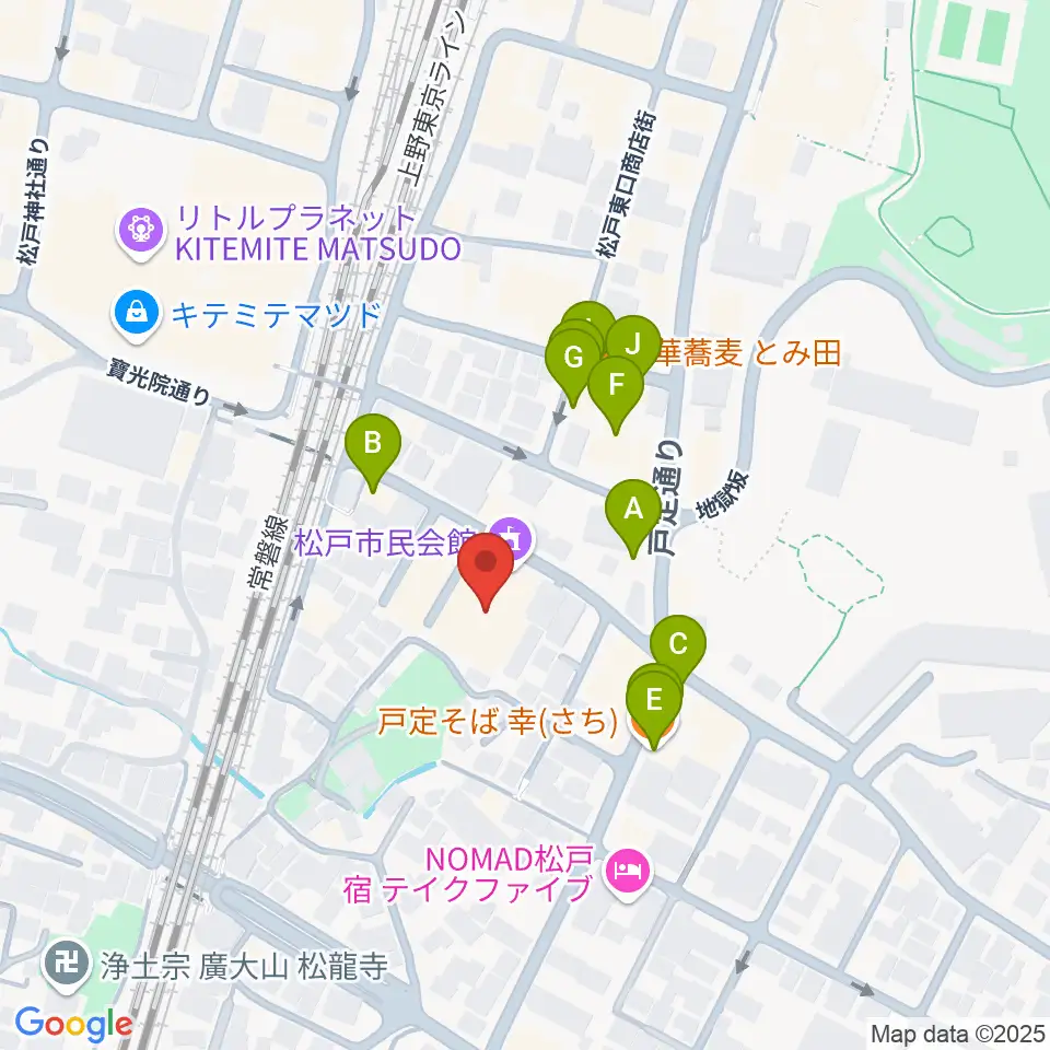 松戸市民会館周辺のファミレス・ファーストフード一覧地図