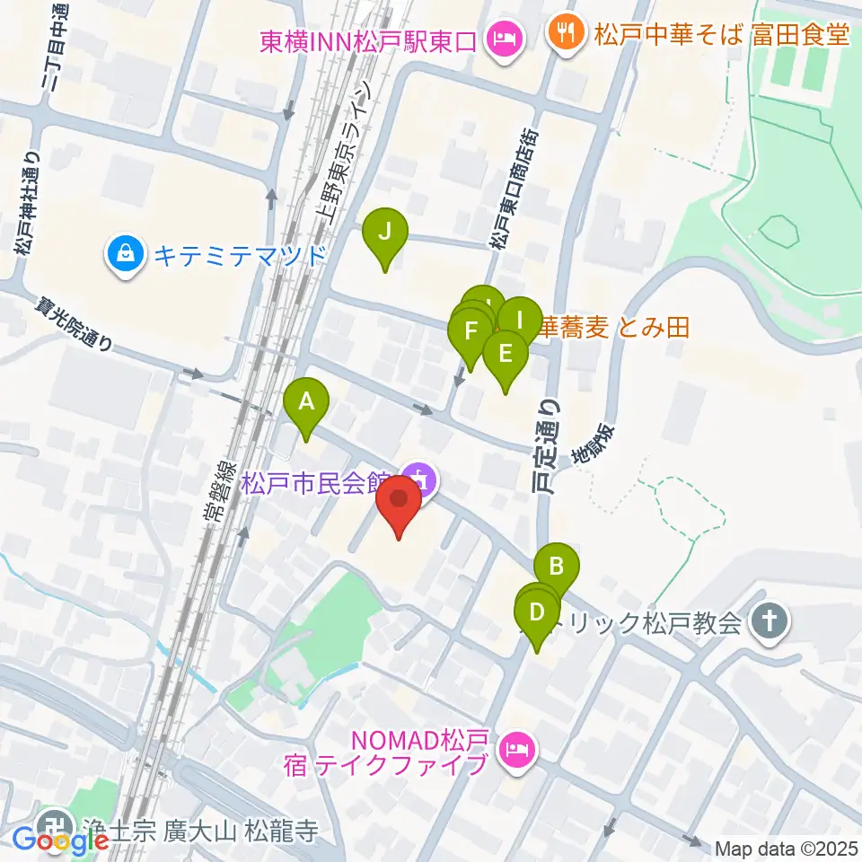 松戸市民会館周辺のファミレス・ファーストフード一覧地図