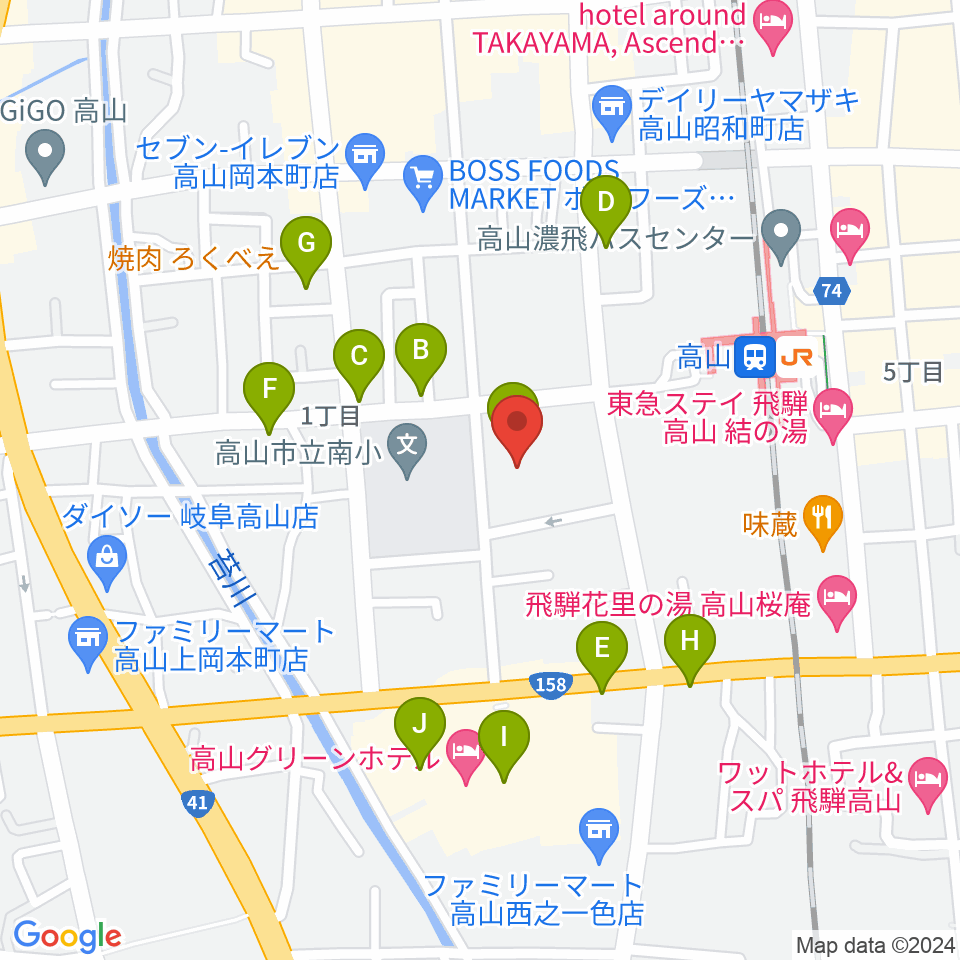 高山市民文化会館周辺のファミレス・ファーストフード一覧地図