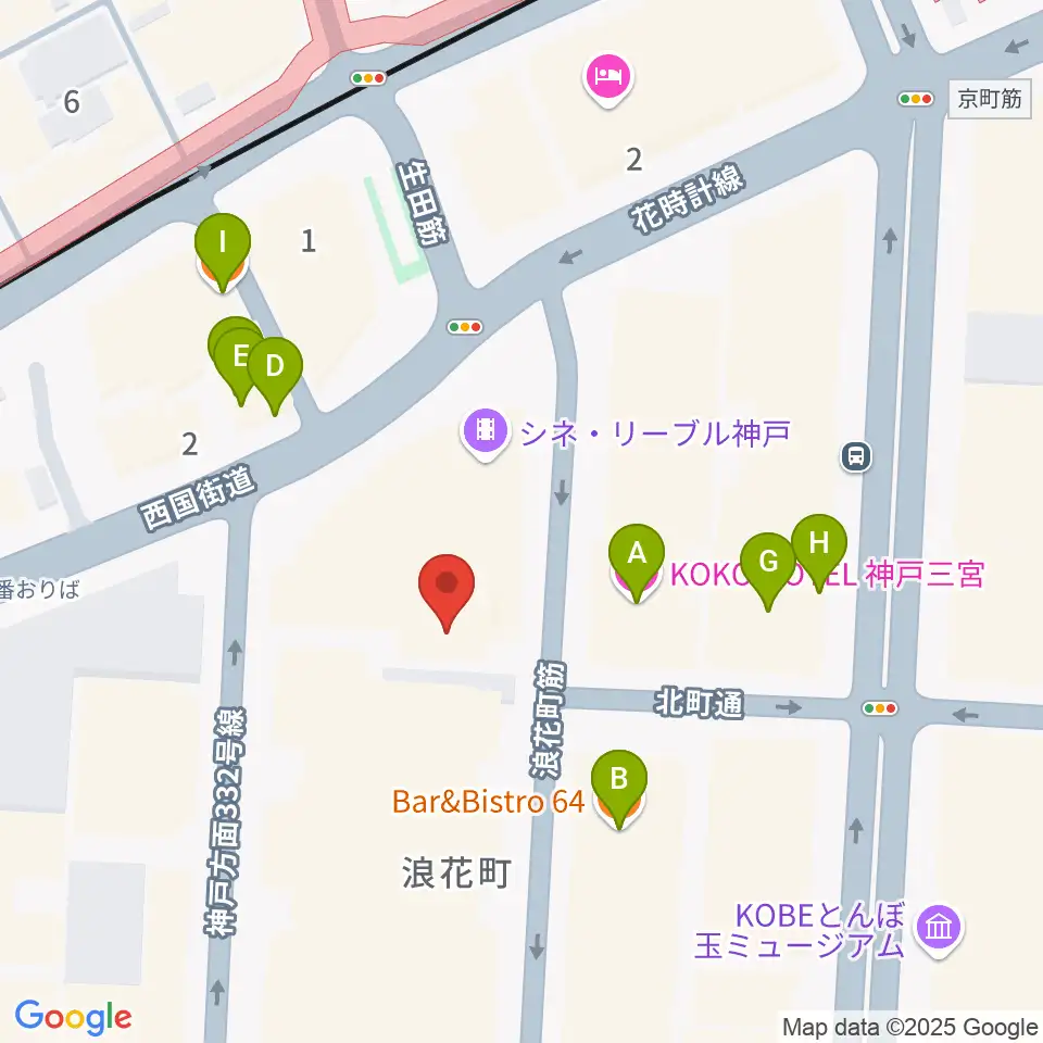 神戸朝日ホール周辺のファミレス・ファーストフード一覧地図