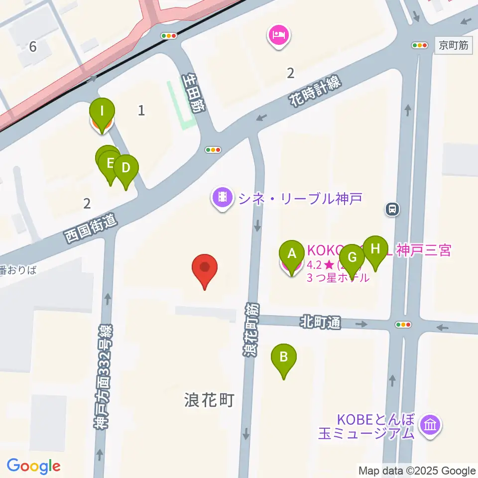 神戸朝日ホール周辺のファミレス・ファーストフード一覧地図