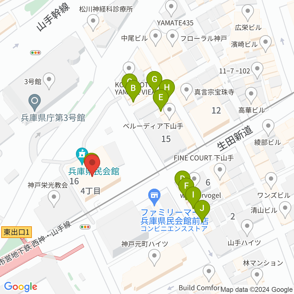 兵庫県民会館周辺のファミレス・ファーストフード一覧地図