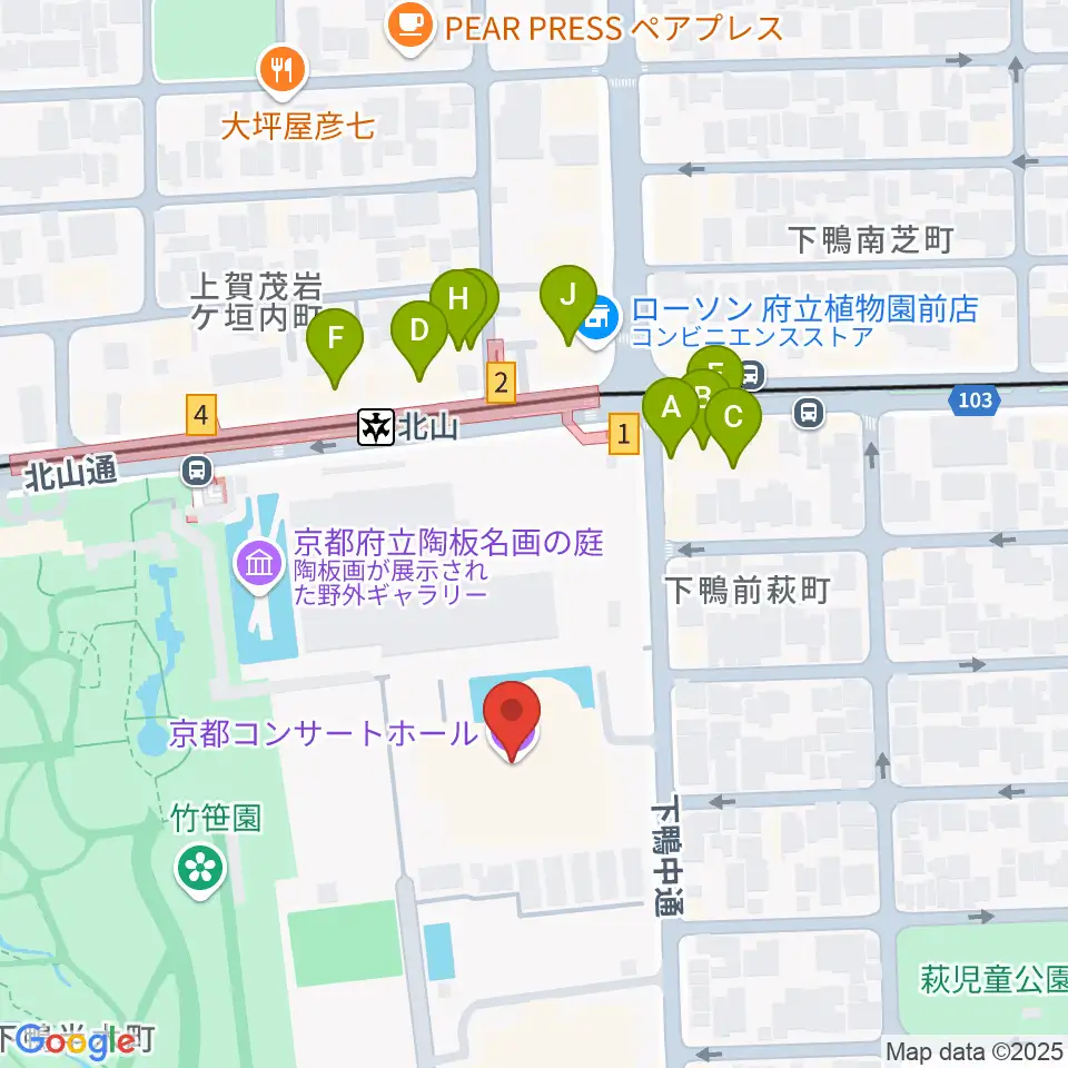 京都コンサートホール周辺のファミレス・ファーストフード一覧地図
