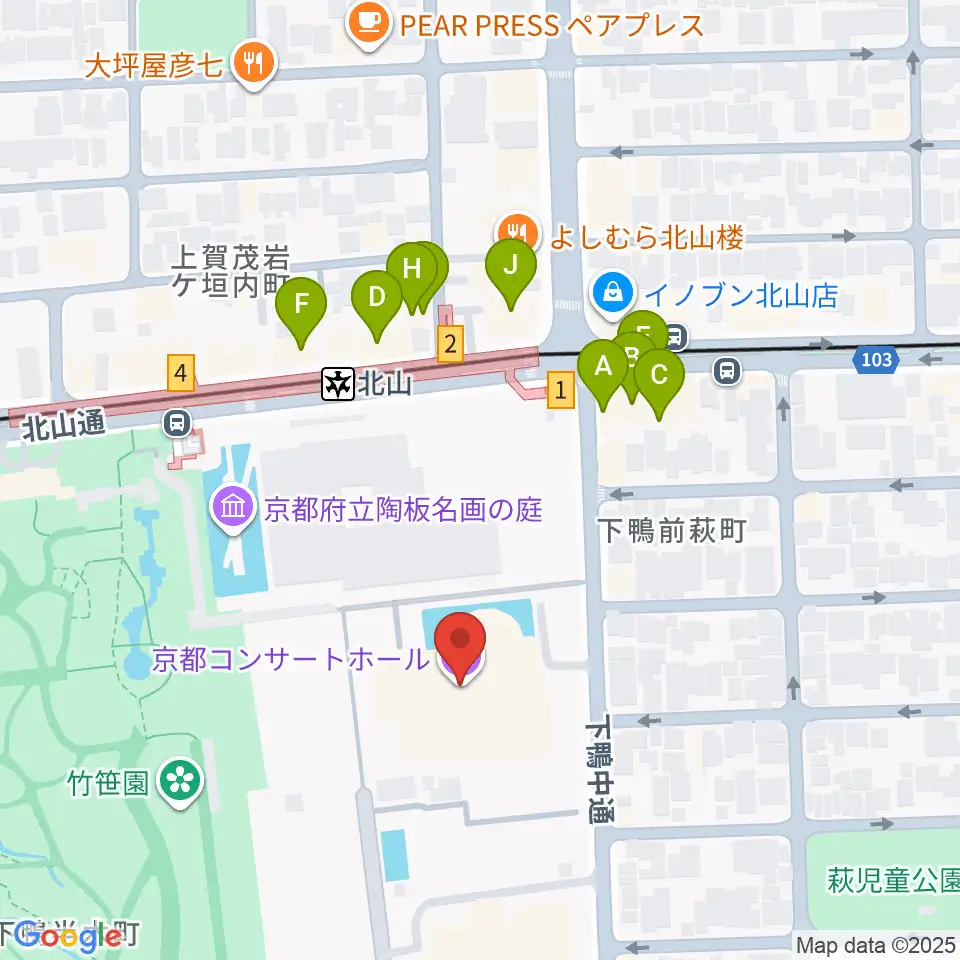 京都コンサートホール周辺のファミレス・ファーストフード一覧地図