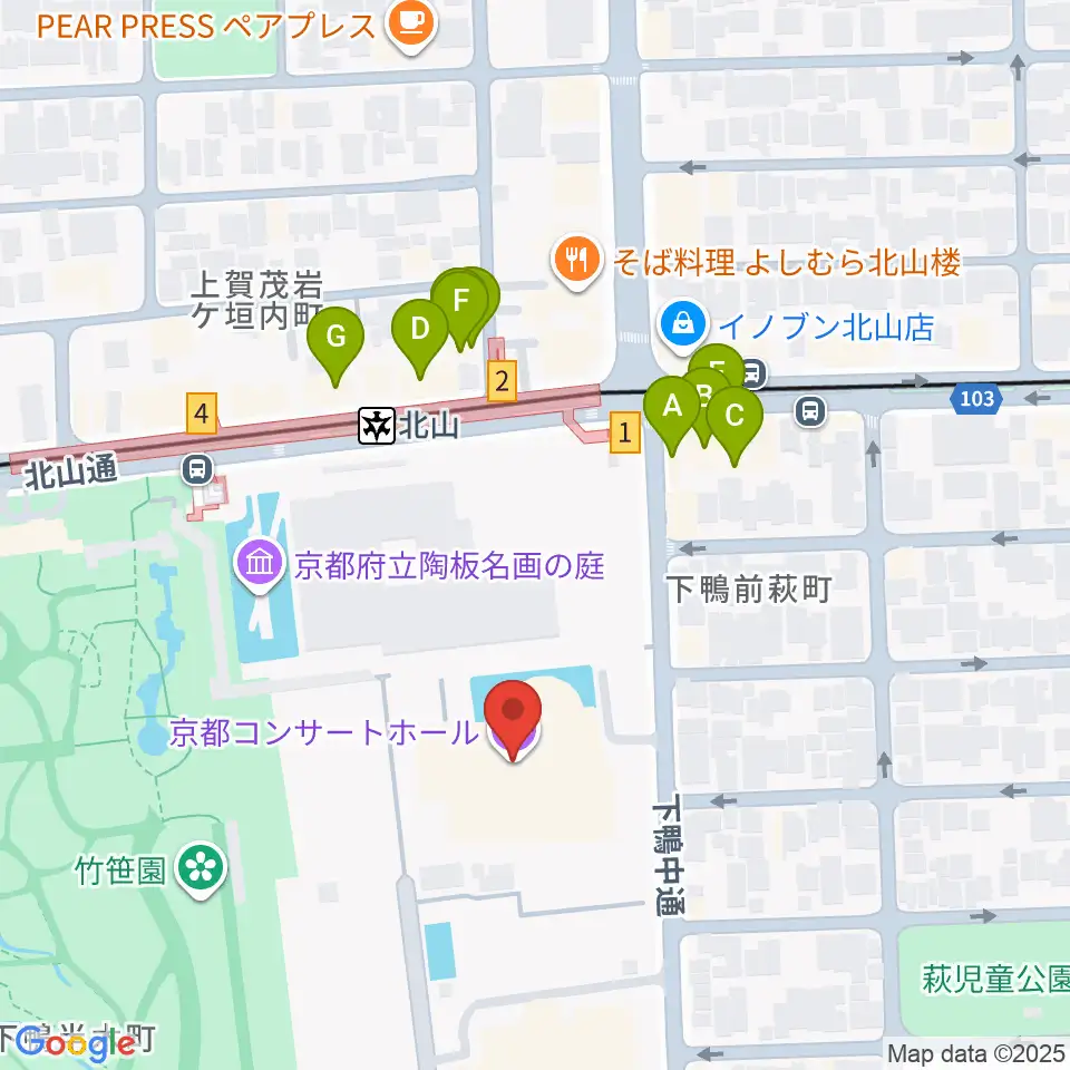 京都コンサートホール周辺のファミレス・ファーストフード一覧地図