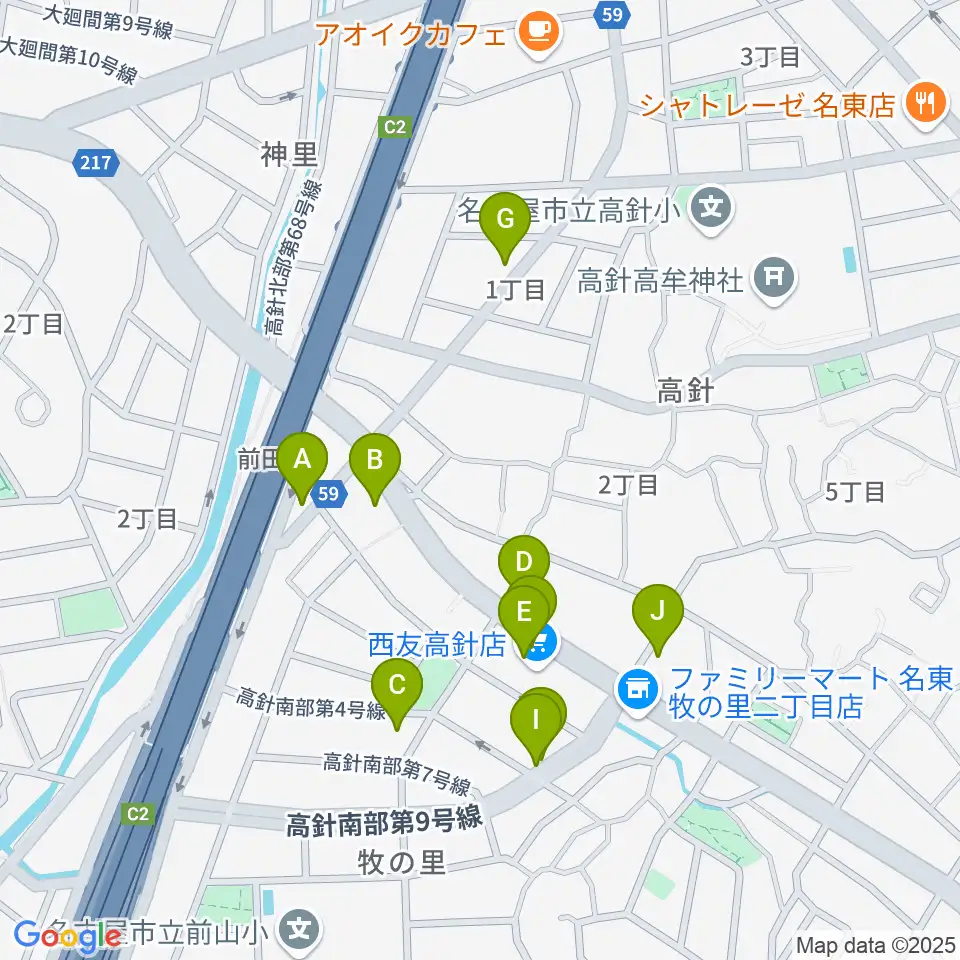 パピーミュージックスクール名古屋名東教室周辺のファミレス・ファーストフード一覧地図