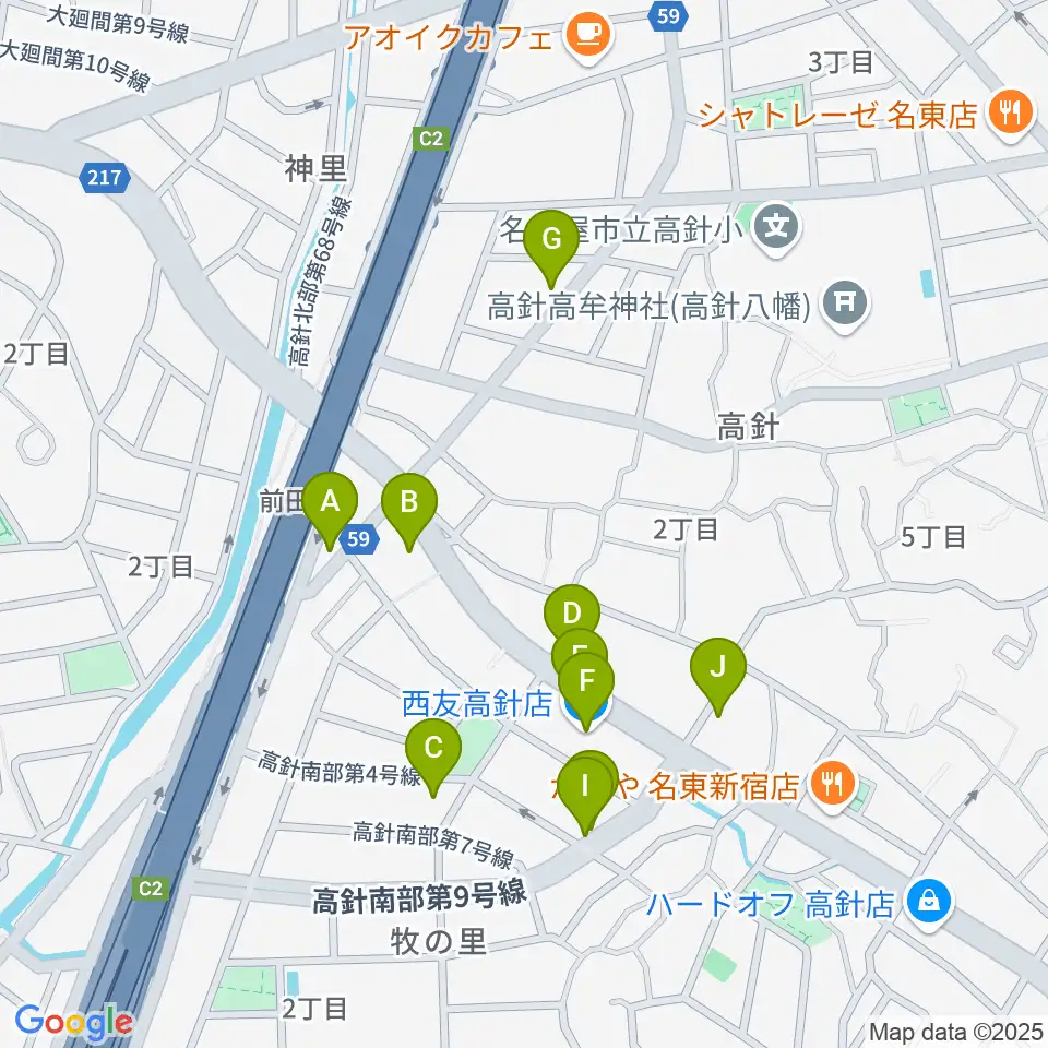 パピーミュージックスクール名古屋名東教室周辺のファミレス・ファーストフード一覧地図