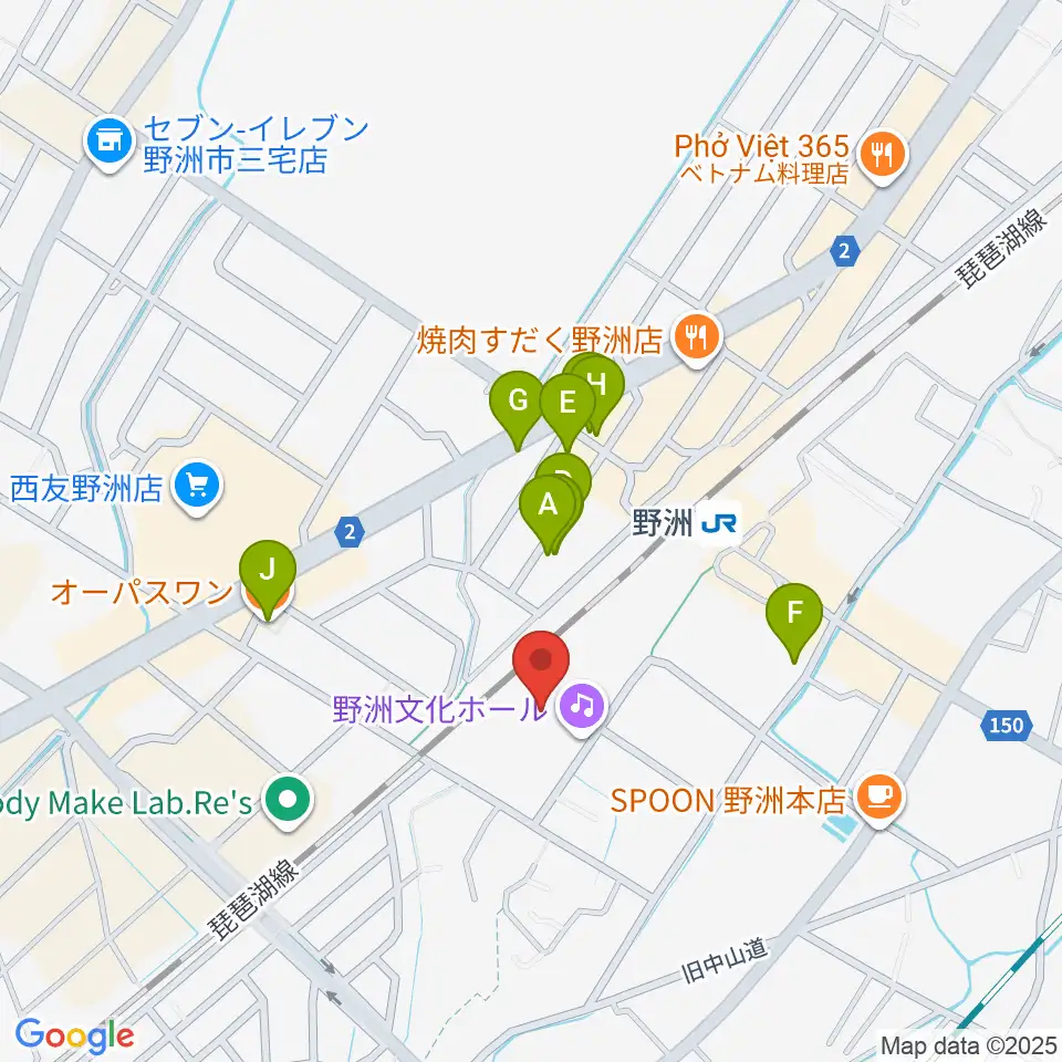 野洲文化ホール周辺のファミレス・ファーストフード一覧地図
