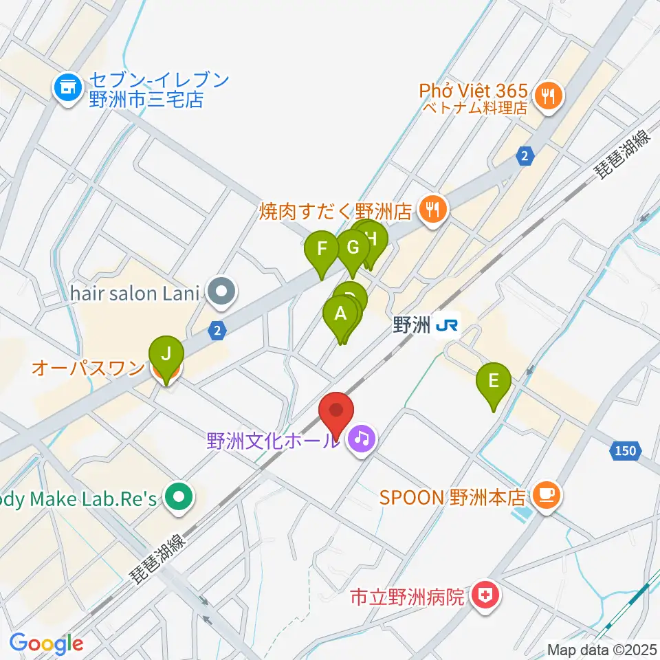 野洲文化ホール周辺のファミレス・ファーストフード一覧地図