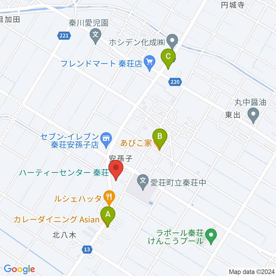 愛荘町立ハーティーセンター秦荘周辺のファミレス・ファーストフード一覧地図