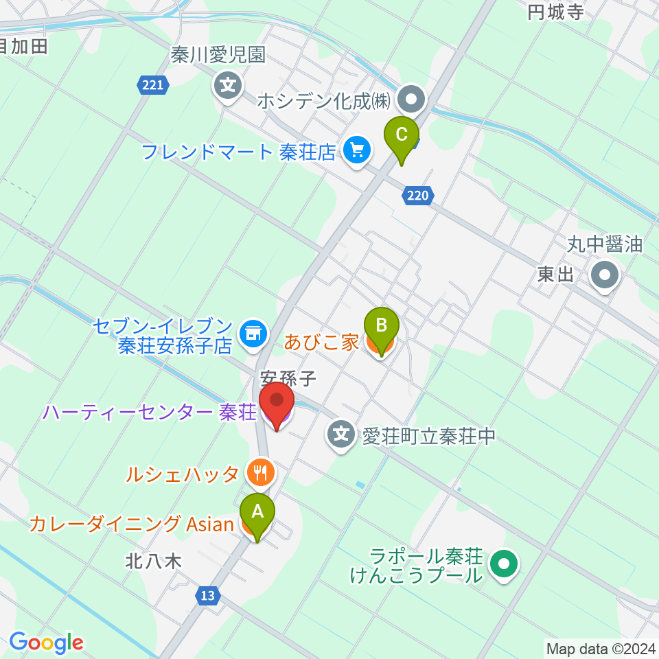 愛荘町立ハーティーセンター秦荘周辺のファミレス・ファーストフード一覧地図