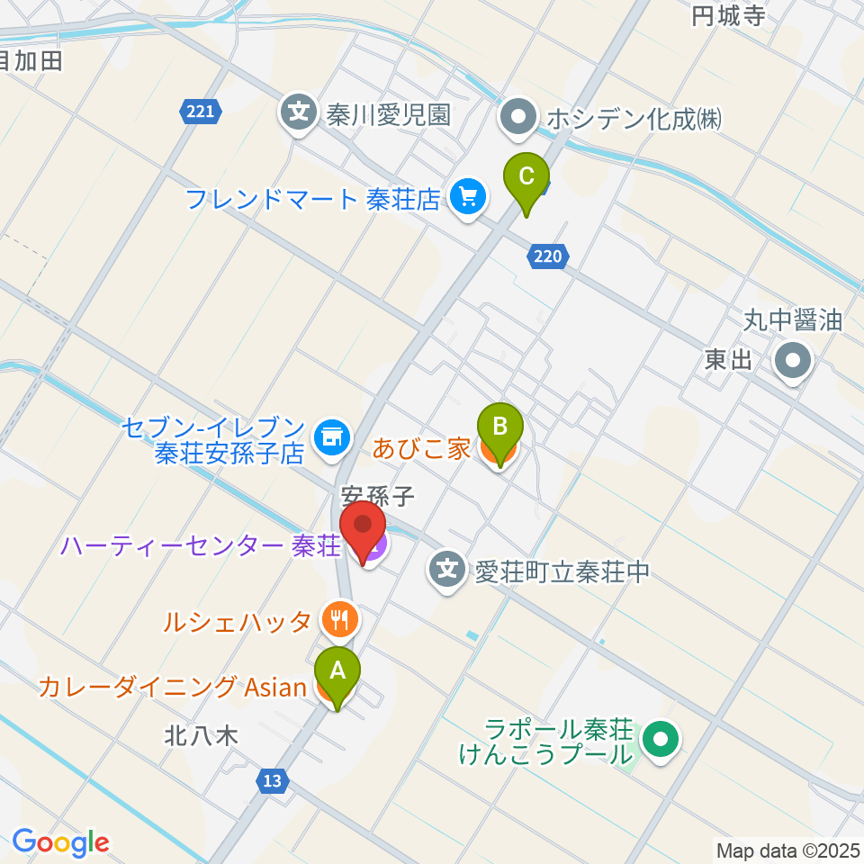 愛荘町立ハーティーセンター秦荘周辺のファミレス・ファーストフード一覧地図