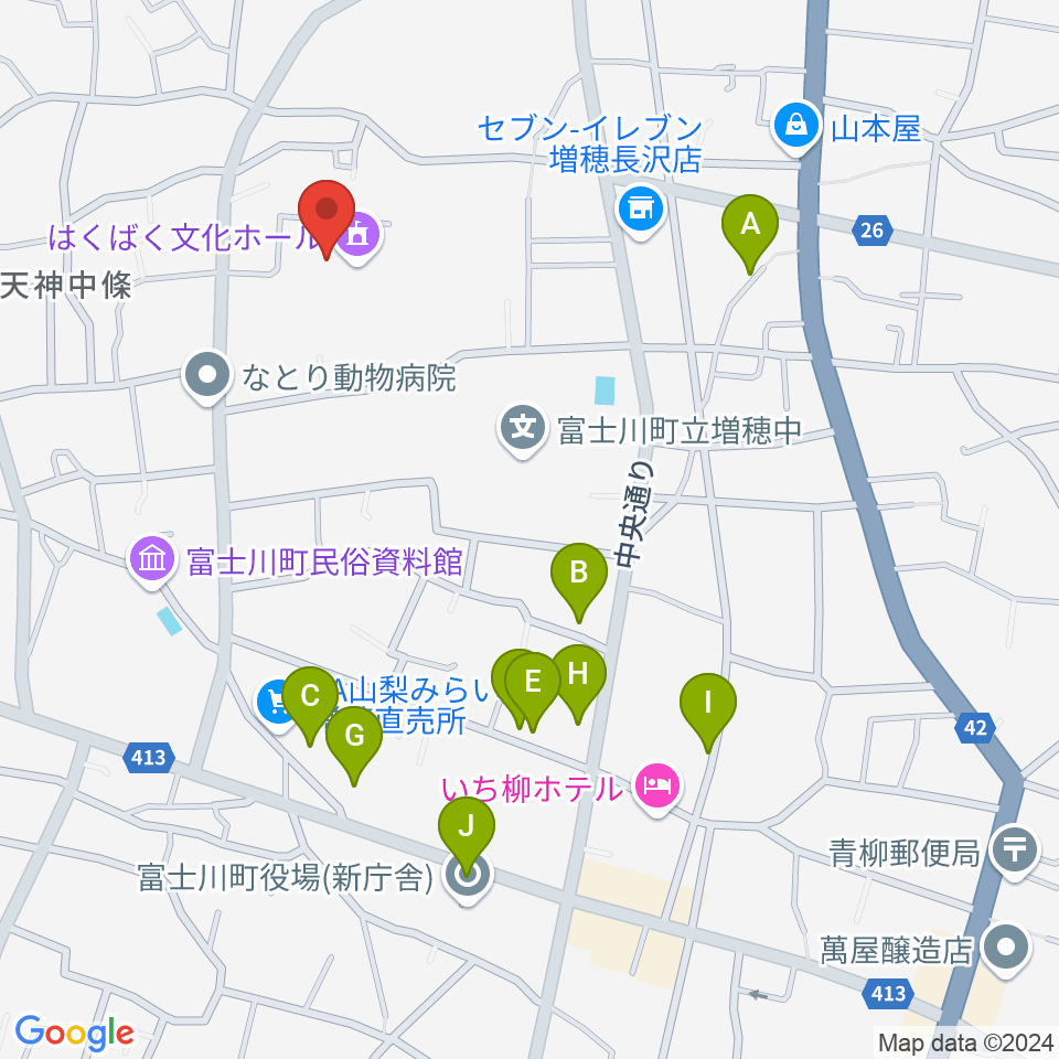 はくばく文化ホール周辺のファミレス・ファーストフード一覧地図