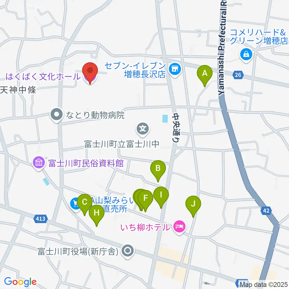 はくばく文化ホール周辺のファミレス・ファーストフード一覧地図