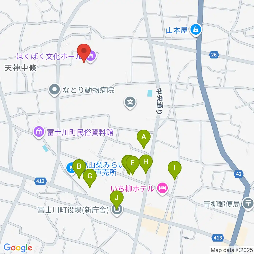 はくばく文化ホール周辺のファミレス・ファーストフード一覧地図