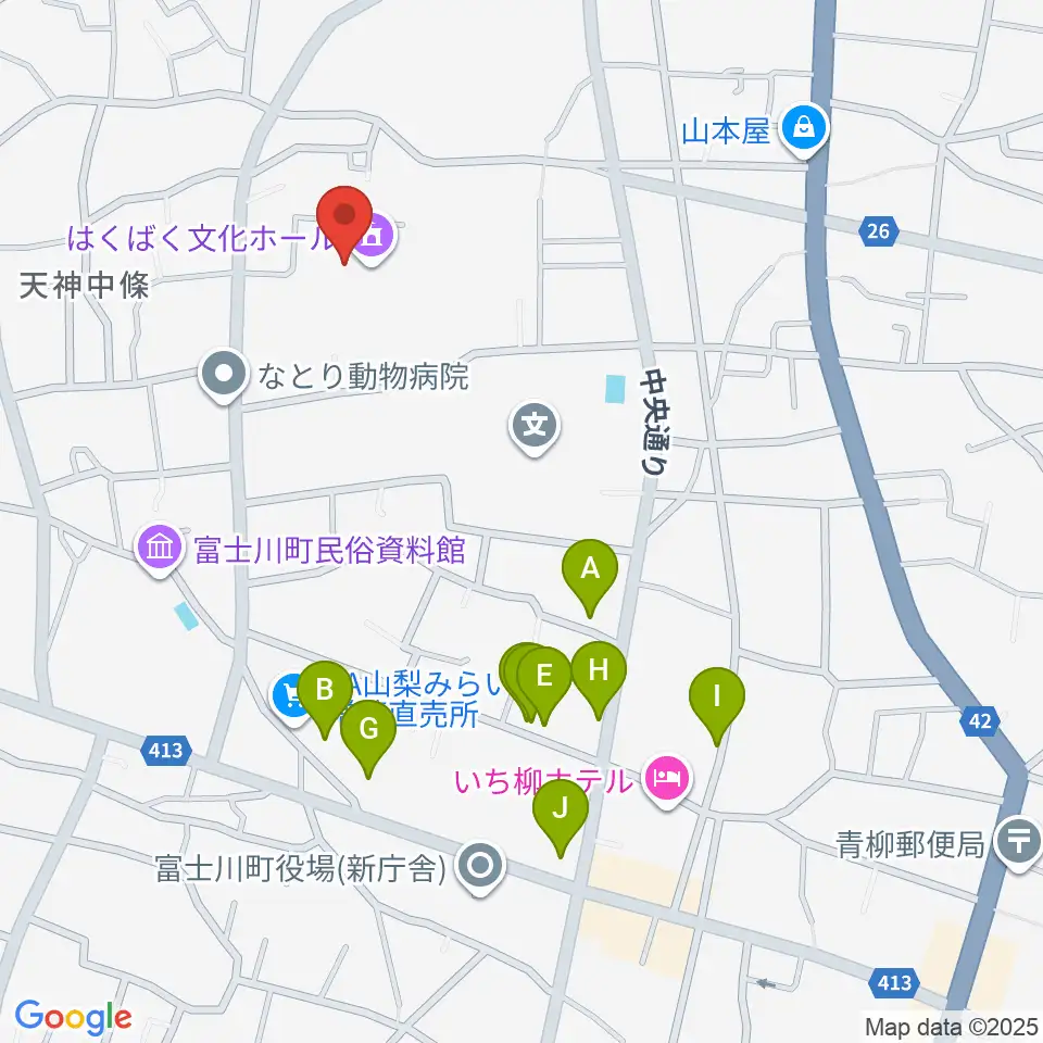 はくばく文化ホール周辺のファミレス・ファーストフード一覧地図