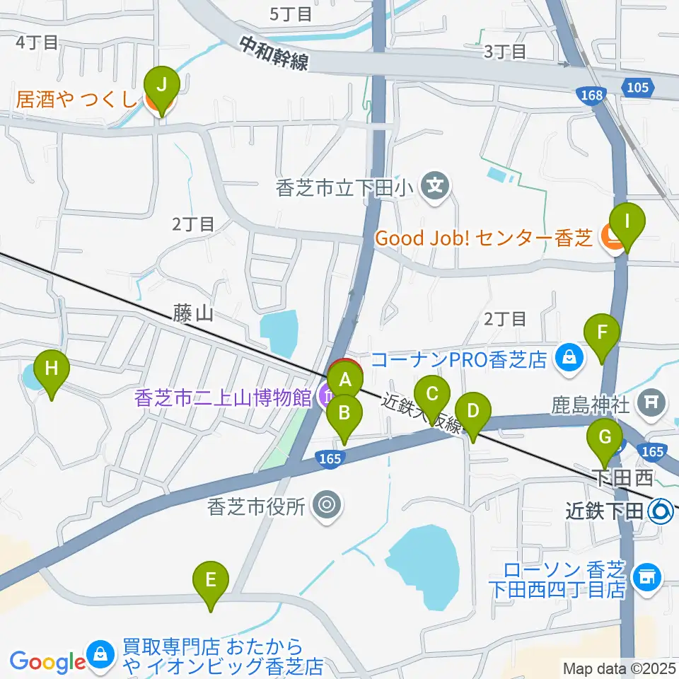 香芝市ふたかみ文化センター周辺のファミレス・ファーストフード一覧地図
